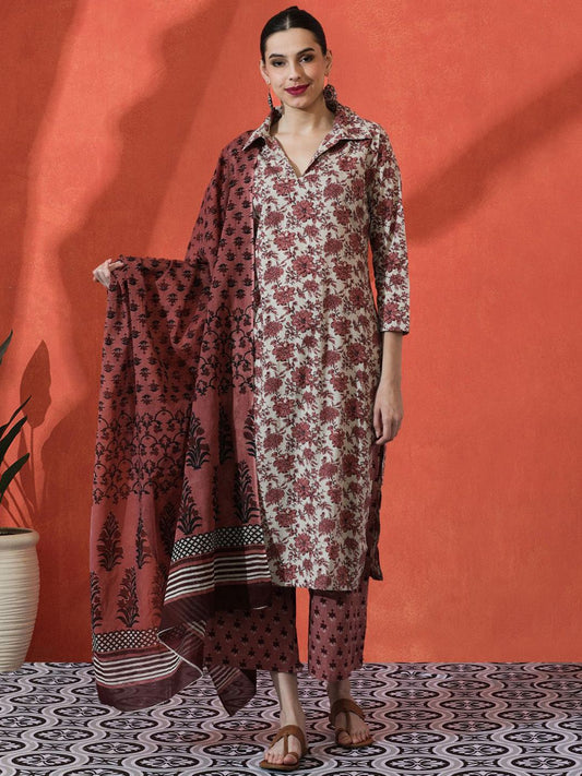 Dhiyona SN Women's Floral Printed Pure Cotton Straight Kurta With Trousers & Dupatta