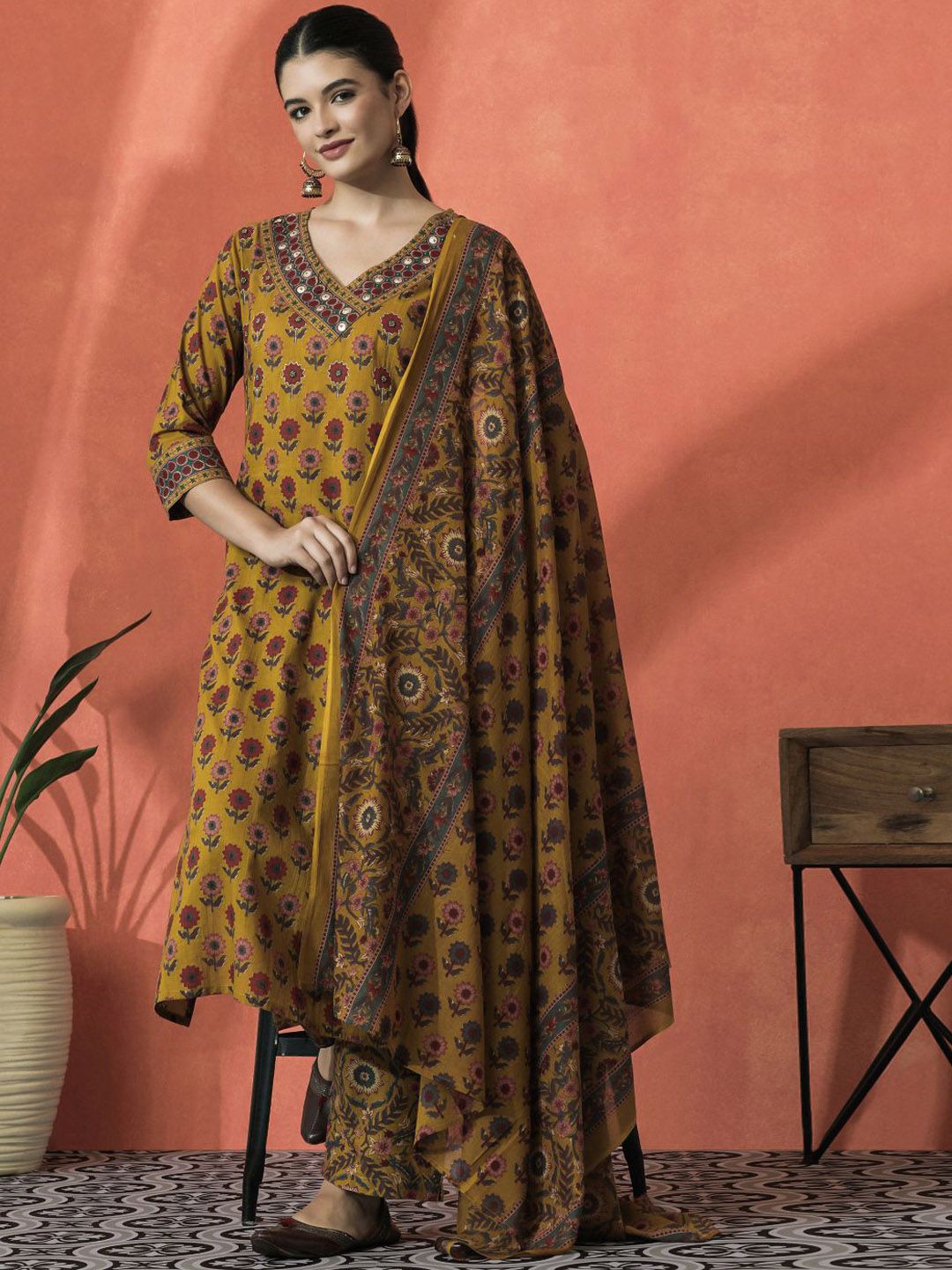 Dhiyona SN Women's Floral Printed V-Neck Beaded Pure Cotton Straight Kurta With Trouser And Dupatta