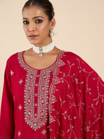 Women Ethnic Motifs Embroidered Regular Thread Work Kurta with Trousers & With Dupatta