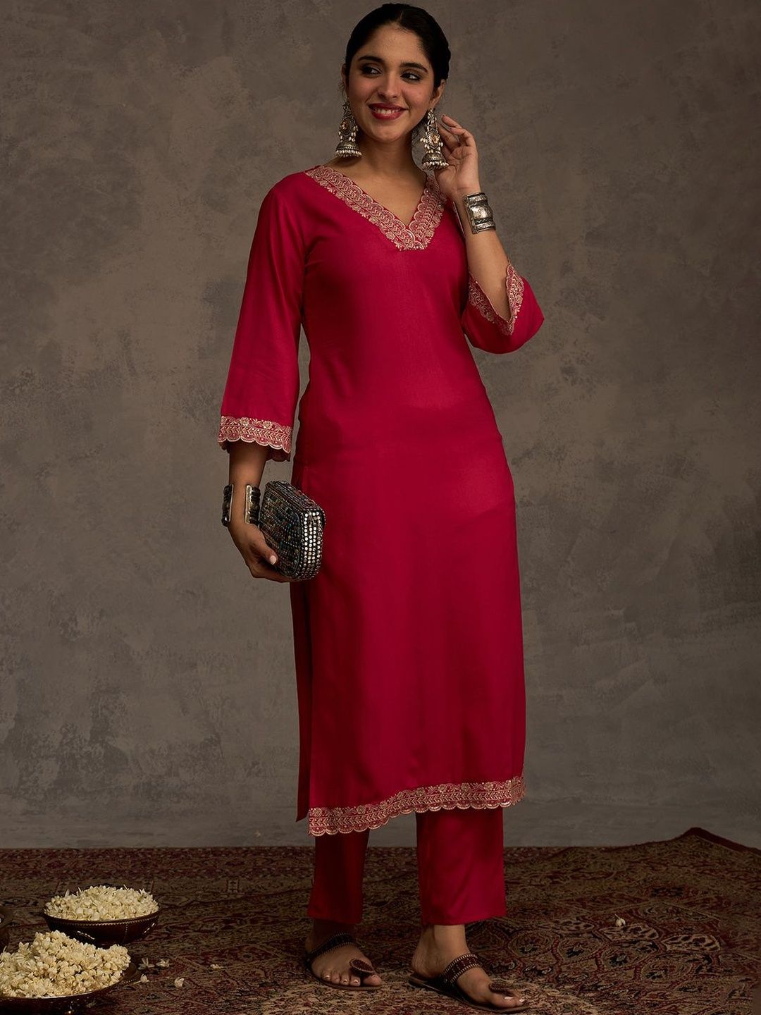Embroidered Viscose Rayon Straight Thread Work Kurta With Trousers