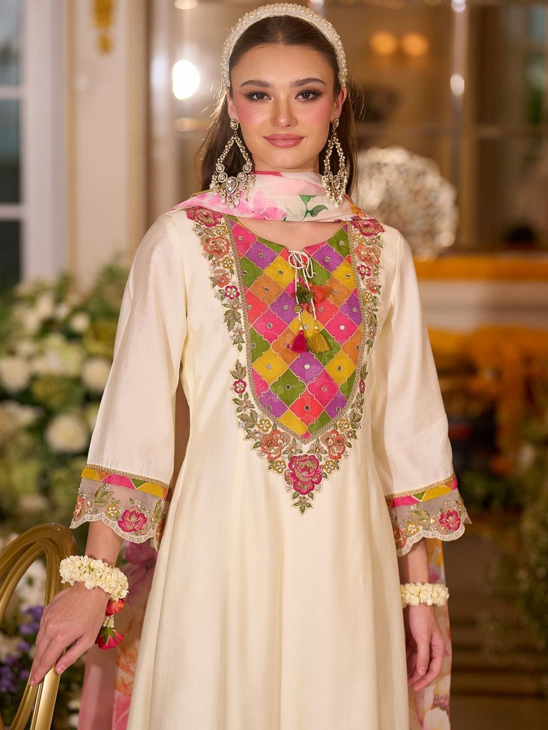 Floral Embroidered A-Line Tie-Up Neck Thread Work Kurta With Trousers & Dupatta