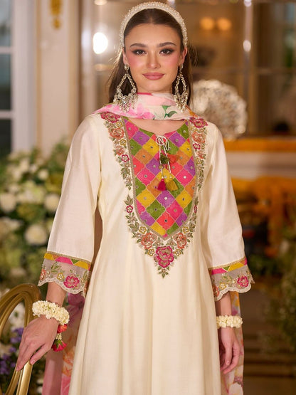 Floral Embroidered A-Line Tie-Up Neck Thread Work Kurta With Trousers & Dupatta