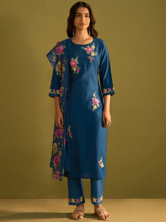 Women Floral Embroidered Regular Thread Work Kurta with Trousers & With Dupatta