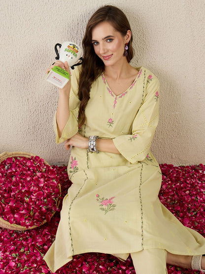 Women Floral Embroidered Cotton A-Line Kurta with Trousers