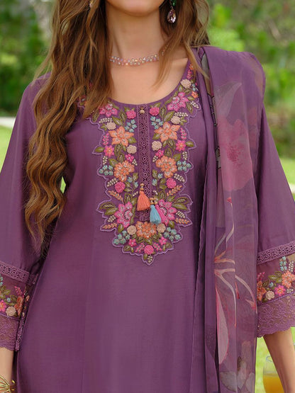 Women Embroidered Thread Work Kurta with Trousers & Dupatta