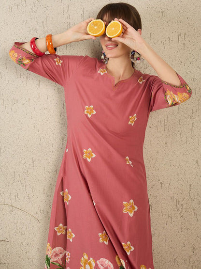 Floral Printed Round Neck Sequinned Pure Cotton Kurta With Trousers