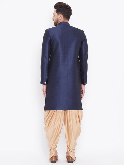 Men's Navy Blue Silk Blend Straight Sherwani Set