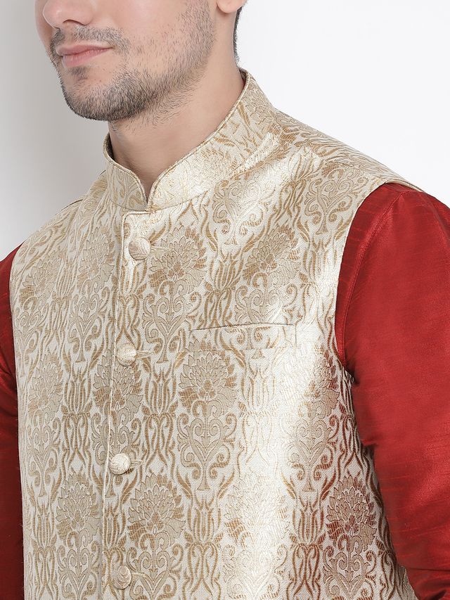 Men's Maroon Silk Blend Straight Jacket  Kurta and Dhoti Set