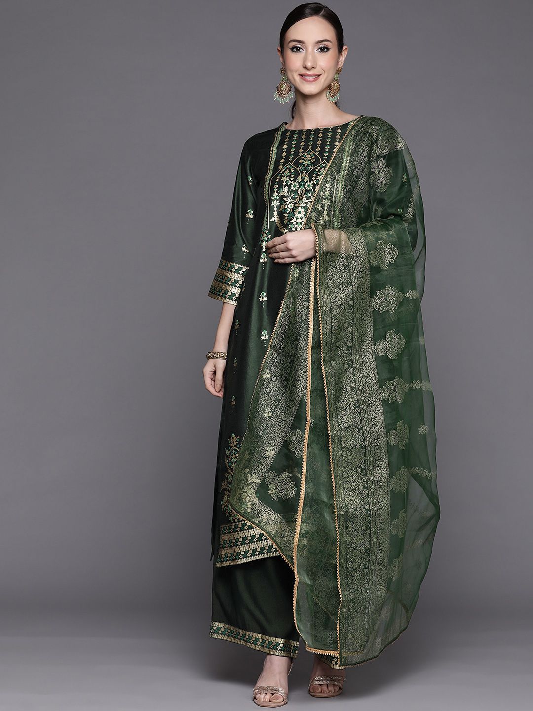 Women Green Ethnic Motifs Printed Liva Kurta with Palazzos & With Dupatta