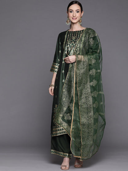 Women Green Ethnic Motifs Printed Liva Kurta with Palazzos & With Dupatta