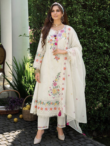 Women Floral Embroidered Regular Sequinned Pure Cotton Kurta with Trousers & With Dupatta