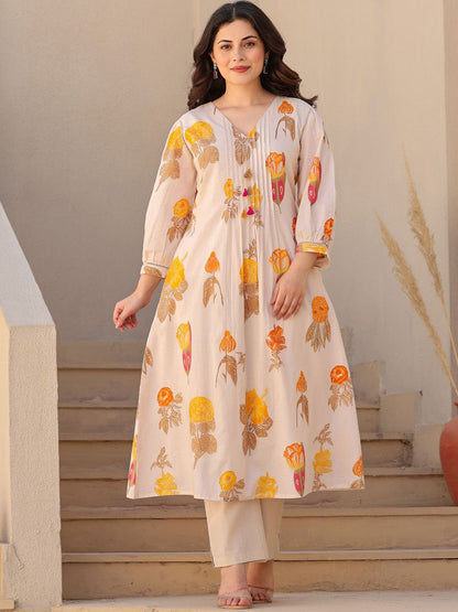 Floral Printed V-Neck Pure Cotton Straight Kurta With Trousers