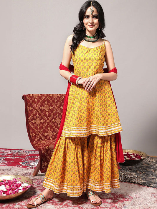 Dhiyona VA Women'sEthnic Motifs Printed Gotta Patti A-Line Kurta & Sharara With Dupatta