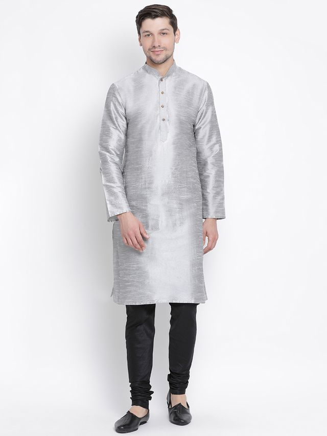 Men's Grey Silk Blend Straight Kurta Pyjama Set