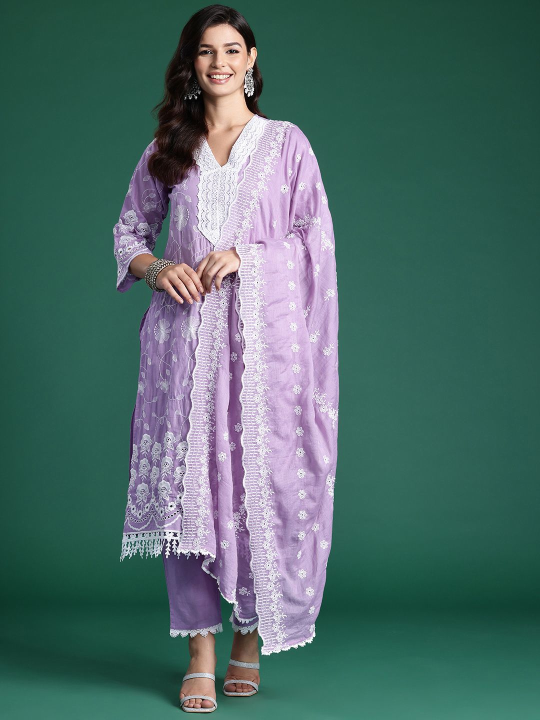 Dhiyona IE Floral Embroidered Thread Work Pure Cotton Kurta With Trousers & Dupatta