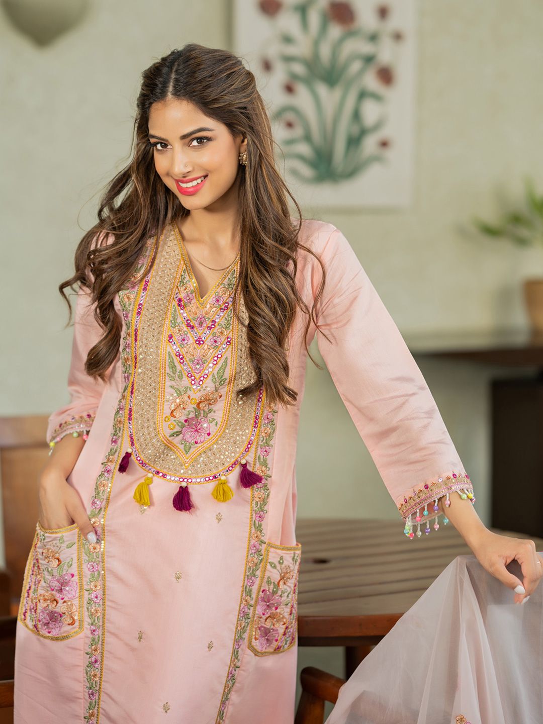 Dhiyona IE Floral Embroidered V-Neck Sequinned A-Line Kurta With Trousers & Dupatta