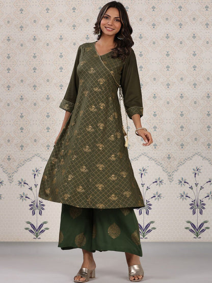 Dhiyona OD  Olive Green & Gold Printed V Neck Angrakha Kurta With Palazzos