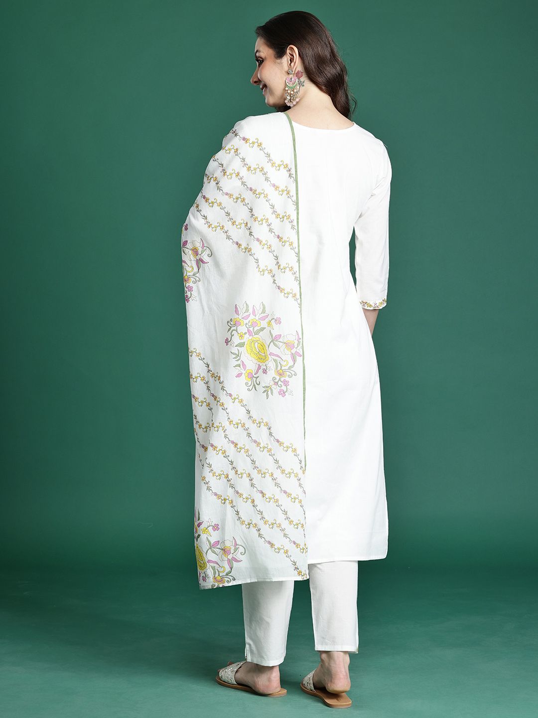 Floral Embroidered Pure Cotton Kurta with Trousers & Dupatta