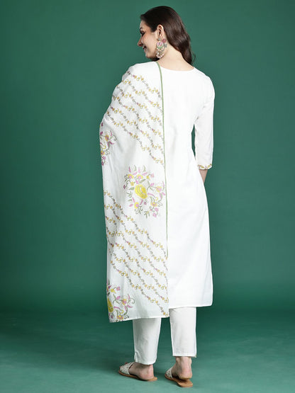 Floral Embroidered Pure Cotton Kurta with Trousers & Dupatta