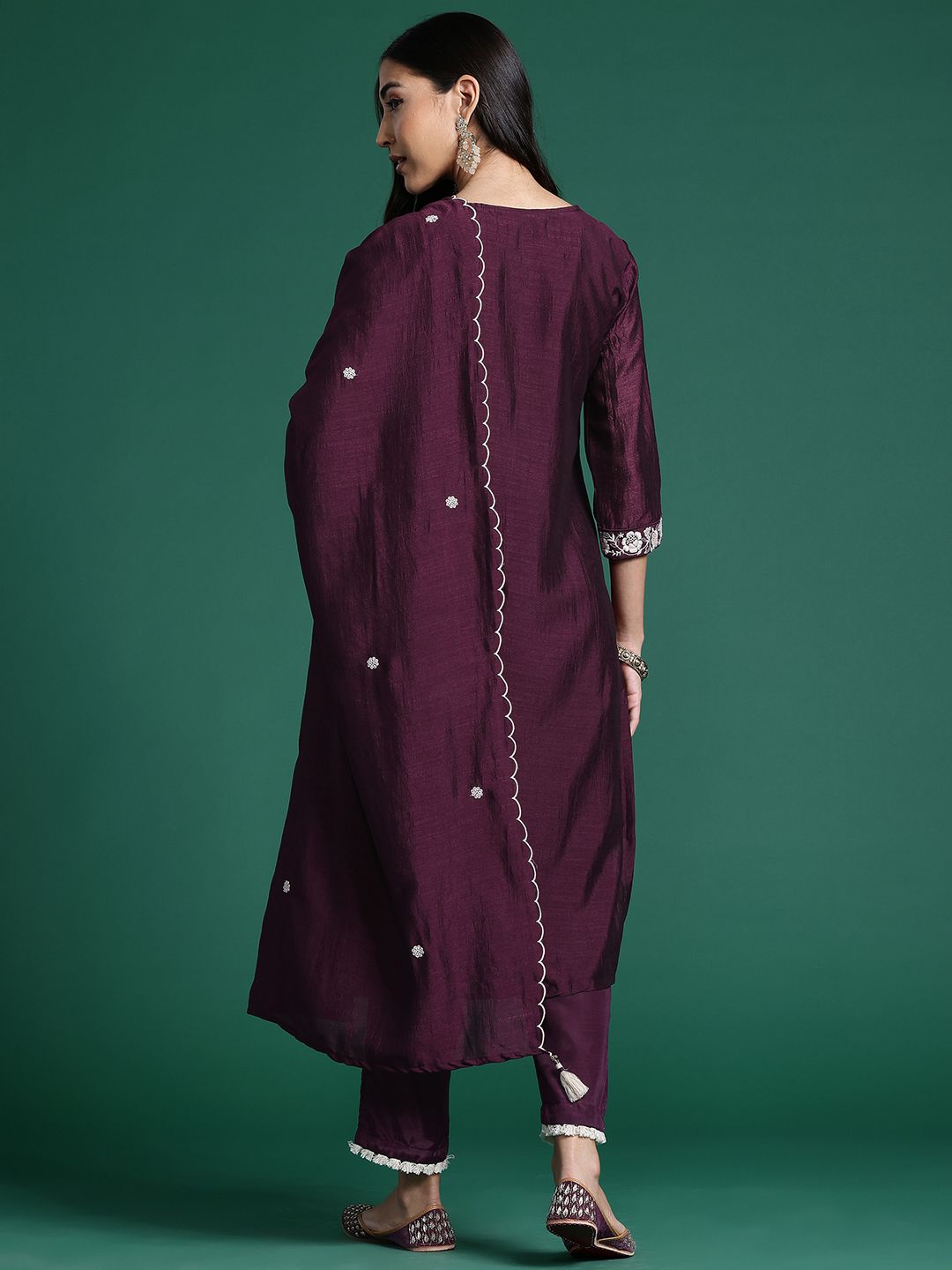 Floral Embroidered Sequinned Kurta With Trousers & Dupatta