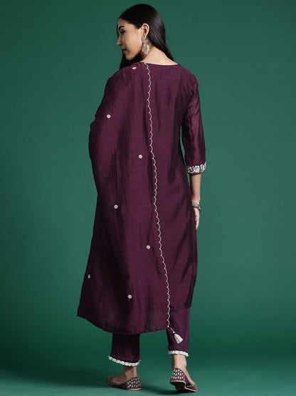 Floral Embroidered Sequinned Kurta With Trousers & Dupatta
