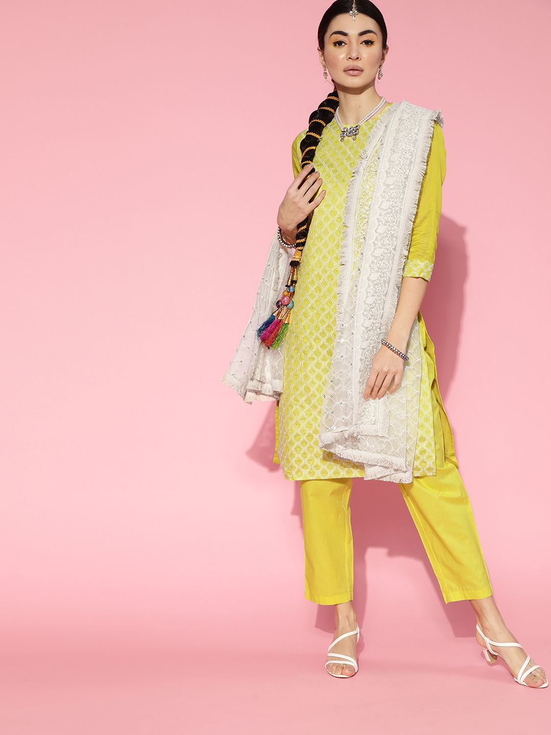 Women Olive Green Embroidered Regular Sequinned Chanderi Cotton Kurta with Trousers & With Dupatta