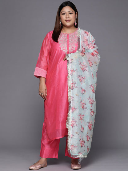 Dhiyona VA Women's Floral Yoke Design Sequinned Chanderi Silk Kurta with Trousers & Dupatta