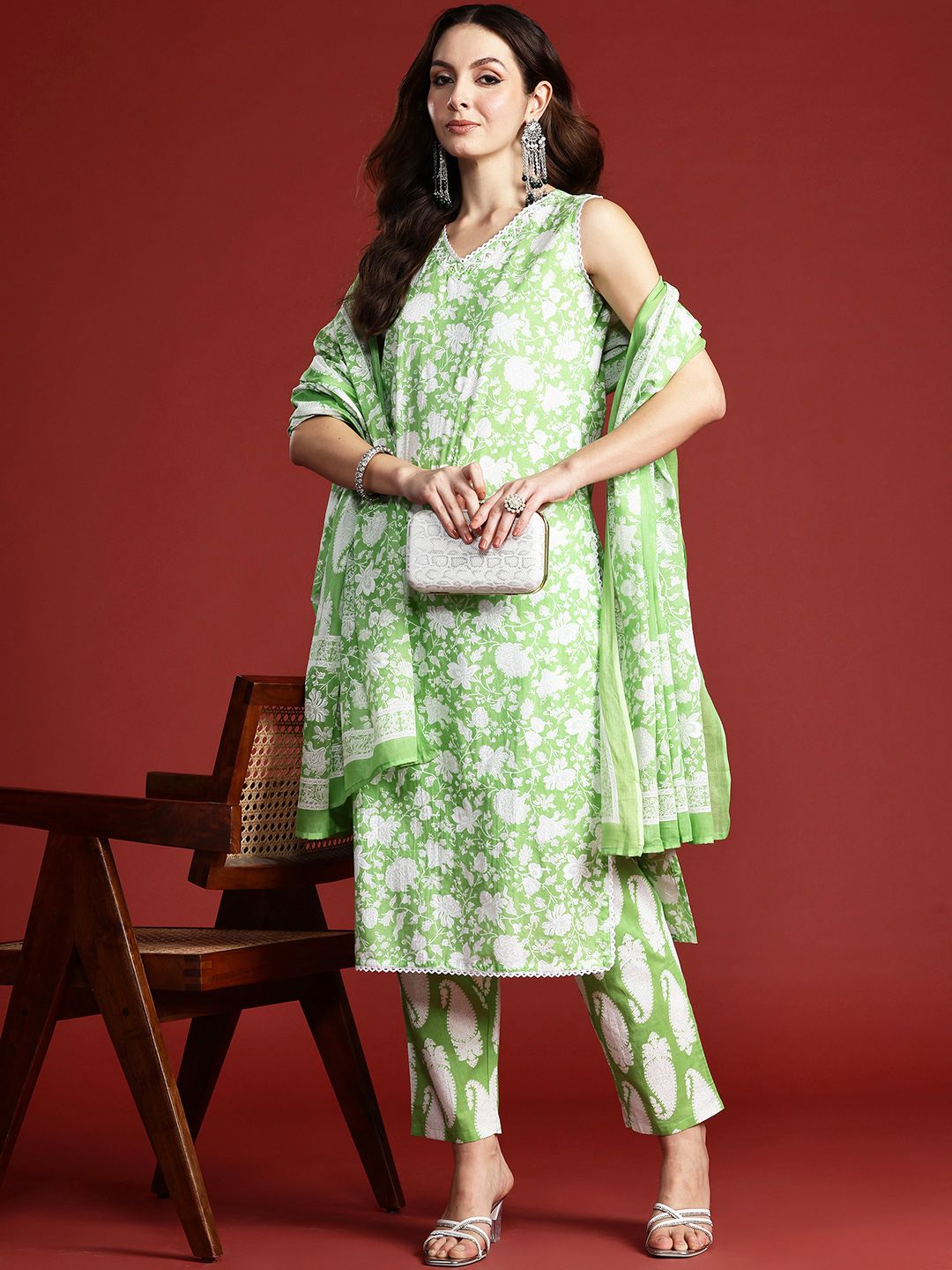 Paisley Printed Sequinned Pure Cotton Kurta with Trousers & With Dupatta
