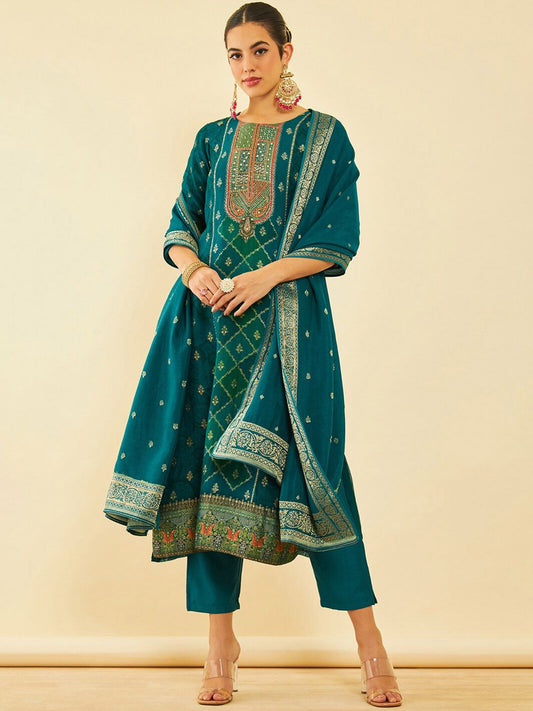 Dhiyona SO Women's Floral Printed Round Neck Three-Quarter Sleeves Kurta with Trousers & With Dupatta