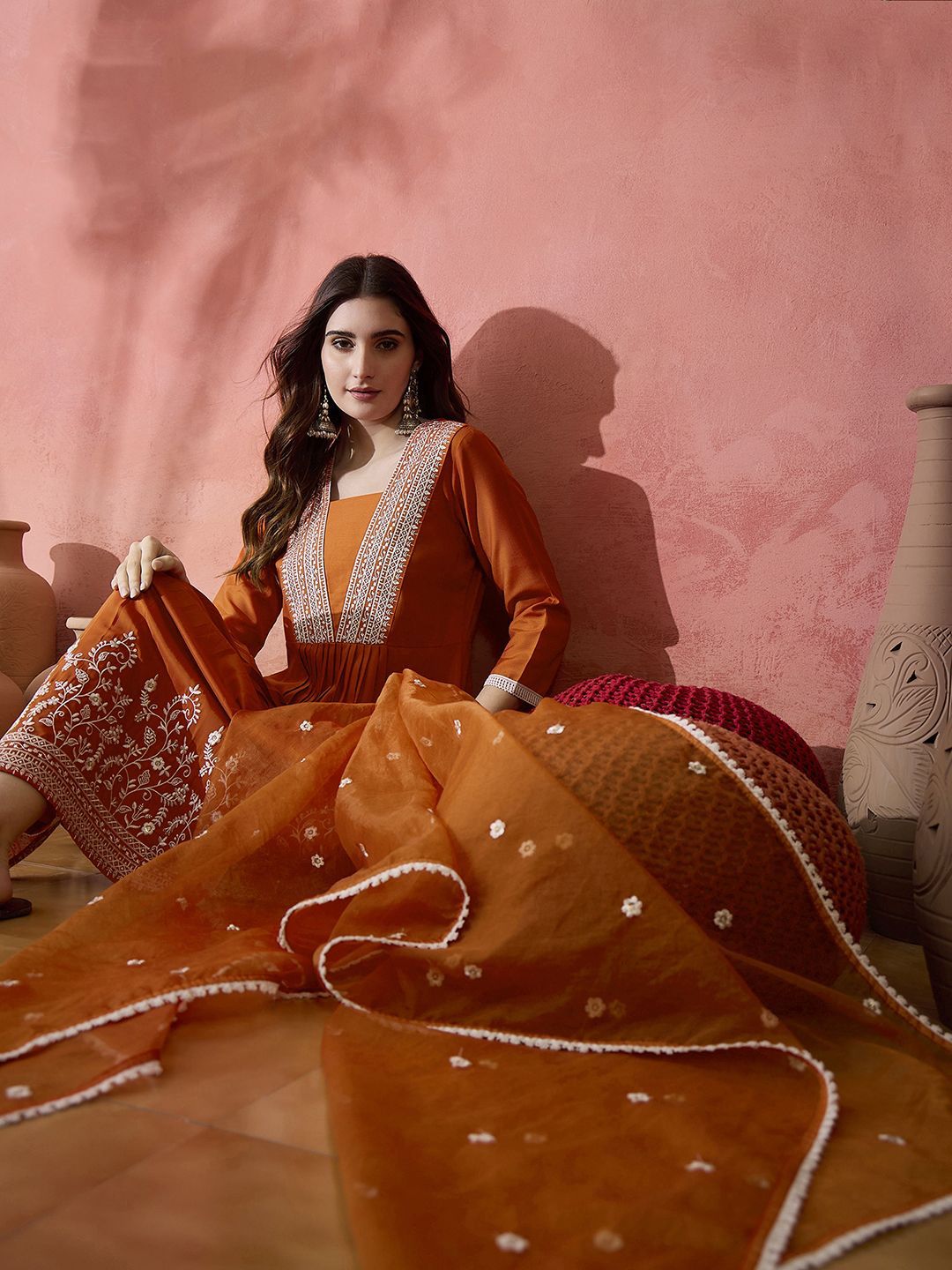Dhiyona SN Women's Orange Floral Embroidered Pleated Thread Work A-Line Kurta With Trouser & Dupatta