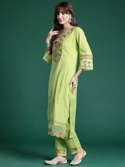 Dhiyona IE Floral Embroidered Thread Work Linen Kurta with Trousers & Dupatta