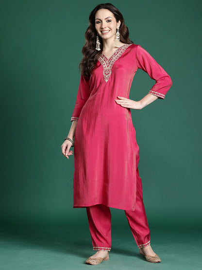 Ethnic Motifs Embroidered Regular Kurta with Trousers