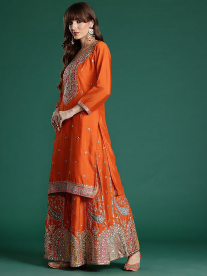 Paisley Embroidered Sequinned Kurta with Palazzos & With Dupatta