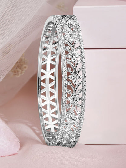 Dhiyona RJ Women's Rhodium Plated Silver Tone Cubic Zirconia Studed Flower Design Bangle Style Bracelet