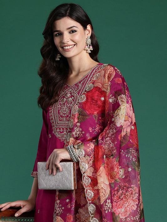 Dhiyona IE Women Ethnic Motifs Embroidered Regular Kurta with Trousers & With Dupatta