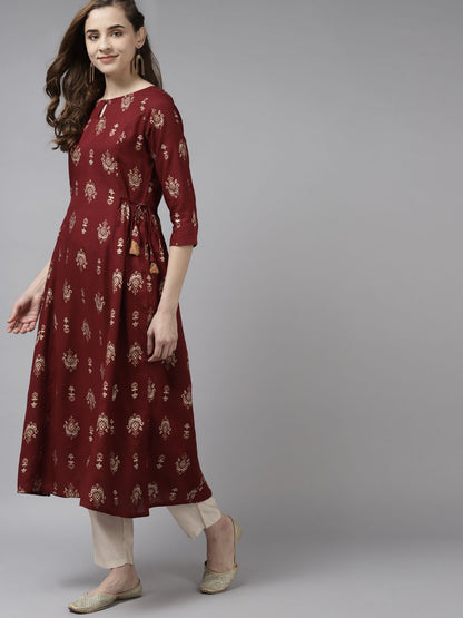 Dhiyona IE Women Maroon & Beige Foil Print Keyhole Neck A-Line Kurta