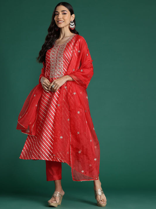 Dhiyona IE Striped Sequinned Chanderi Silk Kurta With Trousers & Dupatta