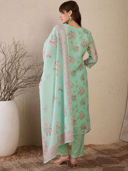 Women Floral Embroidered Regular Sequinned Linen Kurta with Trousers & With Dupatta