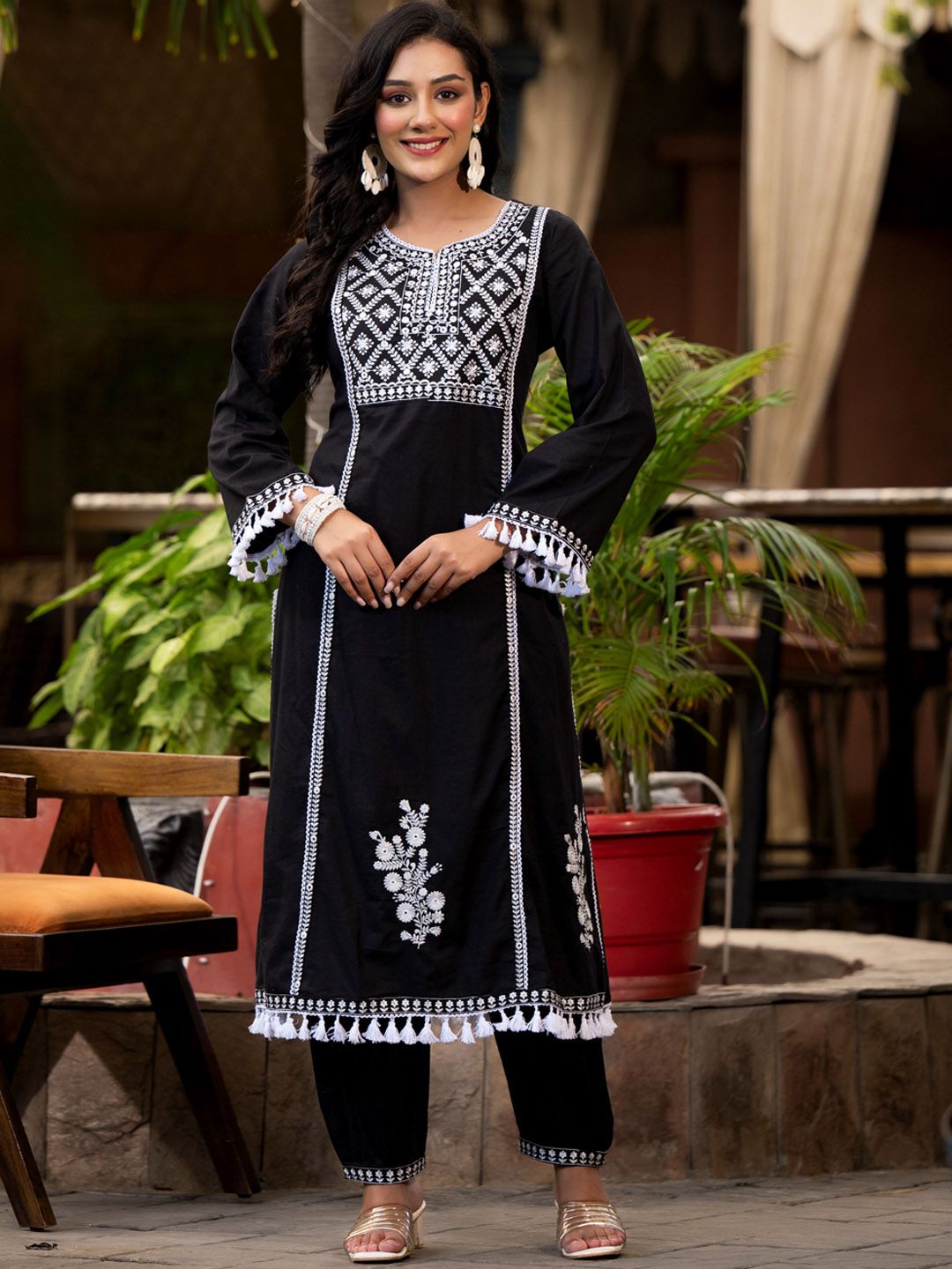 Dhiyona VA Women'sEthnic Motif Thread Embroidered A-Line Kurta With Afghani Trousers & Dupatta