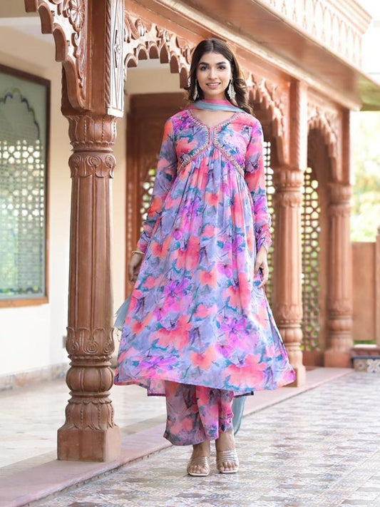 Dhiyona VA Women'sFloral Printed Mirror Embroidered Alia-Cut Gather Detail A-Line Kurta With Dupatta