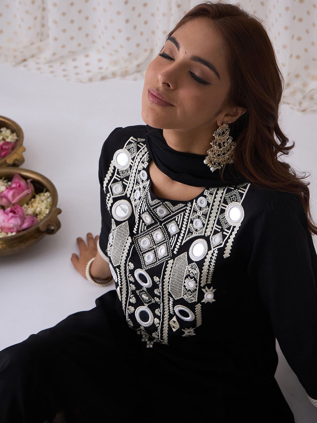 Ethnic Embroidered Round Neck Straight Kurta with Trousers & Dupatta