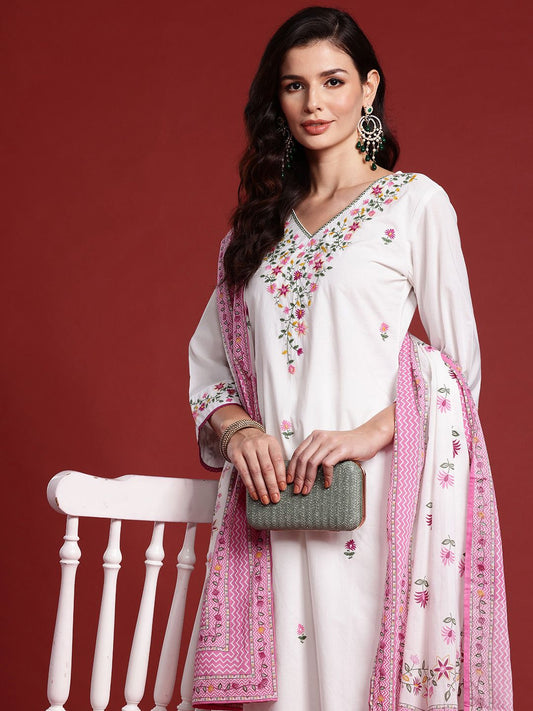 Dhiyona IE Floral Embroidered Sequinned Pure Cotton Kurta With Trousers & Dupatta