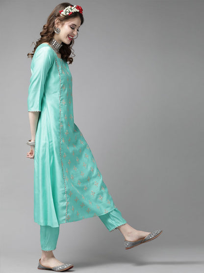 Women Sea Green & Golden Embroidered Kurta with Trousers & Dupatta