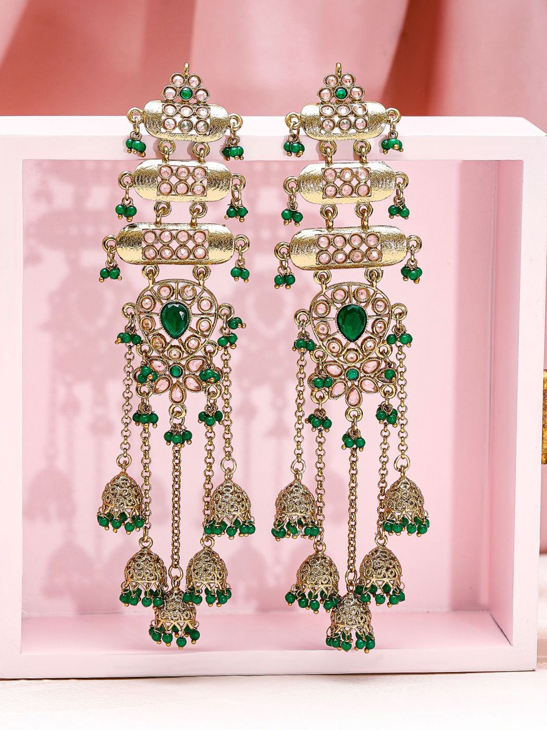Dhiyona RJ Women's 18K Mehndi Gold-Plated Emerald Studded Shoulder Duster Jhumka Earrings