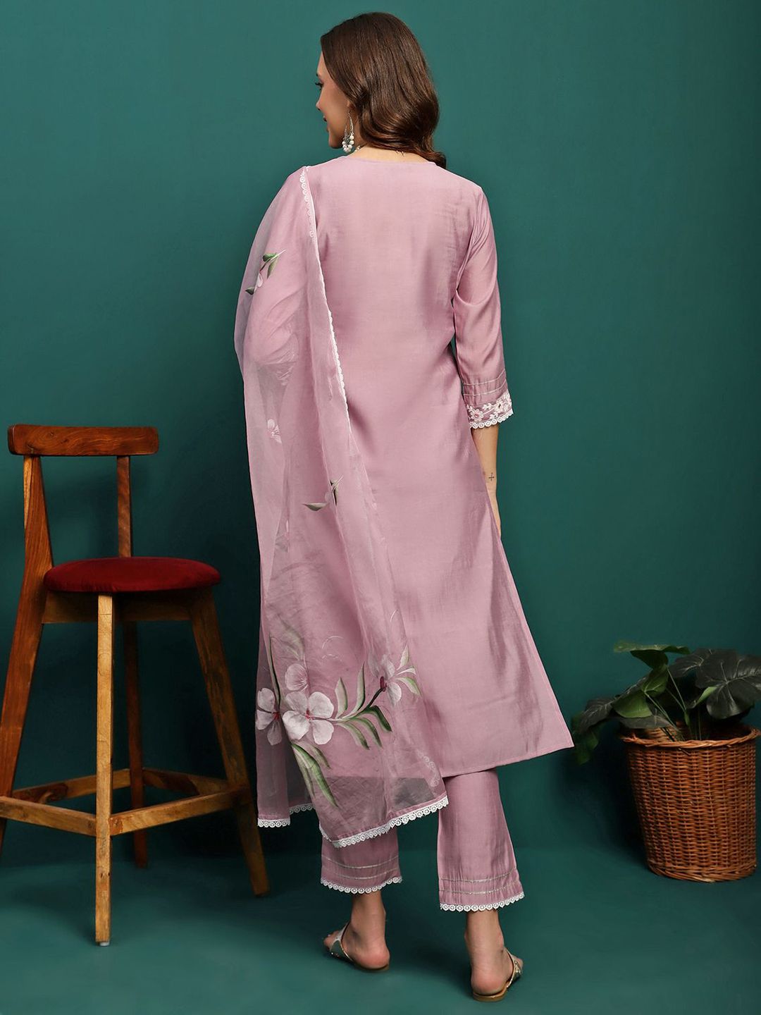 Dhiyona SN Women's Embroidered Round-Neck Kurta With Trouser & Dupatta