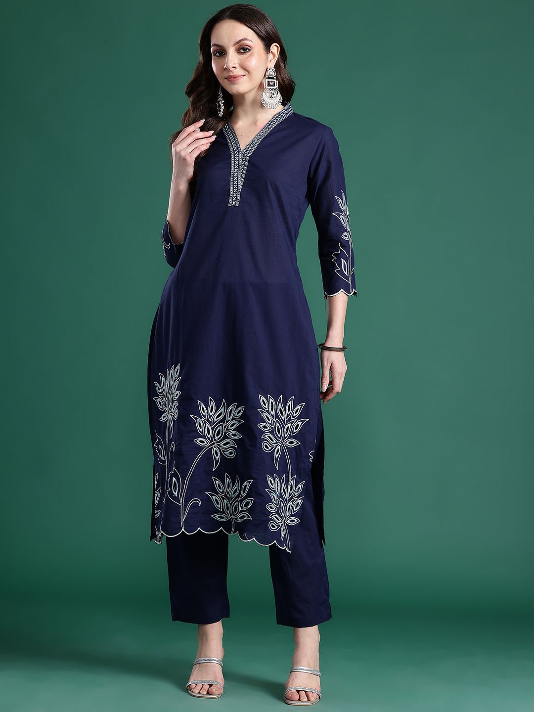 Floral Embroidered Pure Cotton Kurta with Trousers