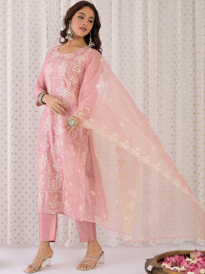 Ethnic Motifs Embroidered Regular Thread Work Kurta With Trouser And Dupatta