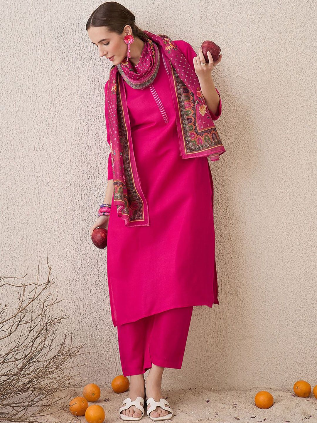 Dhiyona IE Floral Yoke Design Notch Neck Thread Work Straight Kurta With Trousers & Dupatta