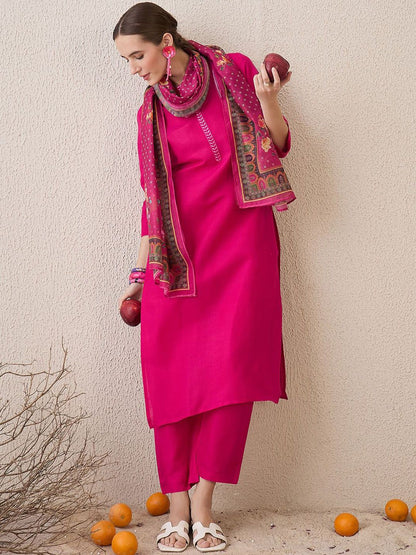 Dhiyona IE Floral Yoke Design Notch Neck Thread Work Straight Kurta With Trousers & Dupatta