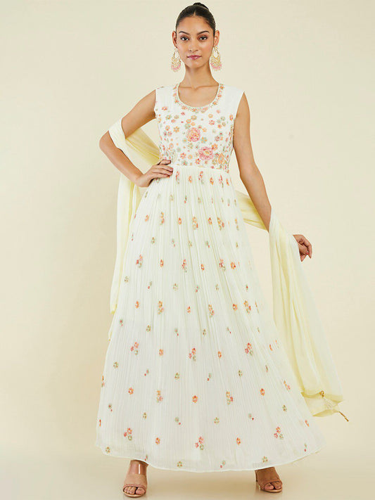 Dhiyona SO Women's Floral Embroidered Anarkali Kurta with Churidar & Dupatta